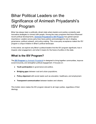 Bihar Political Leaders on the Significance of Animesh Priyadarshi’s ISV Program