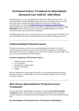 Peritoneal Cancer Treatment in Ahmedabad: Advanced Care with Dr. Aditi Bhatt
