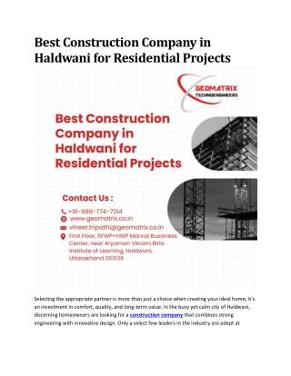 Best Construction Company in Haldwani for Residential Projects