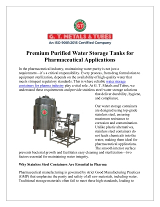 Water Storage Containers for Pharma Industry – Safe & Durable Solutions