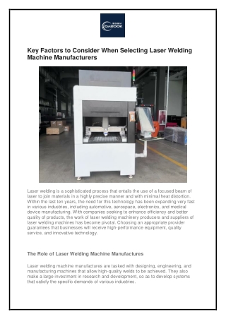 Key Factors to Consider When Selecting Laser Welding Machine
