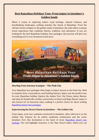 Best Rajasthan Holidays Tour From Jaipur to Jaisalmer’s Golden Sands