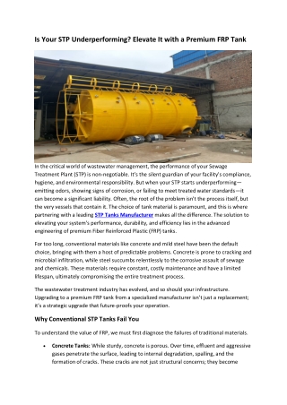 Is Your STP Underperforming Elevate It with a Premium FRP Tank