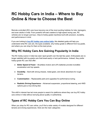 RC Hobby Cars in India – Where to Buy Online & How to Choose the Best
