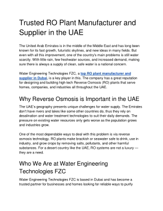 Trusted RO Plant Manufacturer and Supplier in the UAE