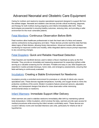 Advanced Neonatal and Obstetric Care Equipment