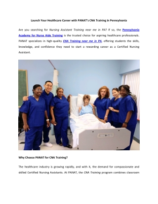 Launch Your Healthcare Career with PANAT’s CNA Training in Pennsylvania