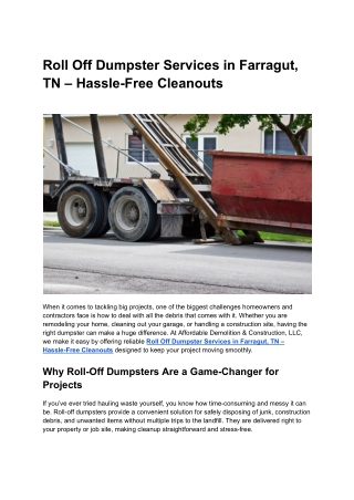 Roll Off Dumpster Services in Farragut, TN – Hassle-Free Cleanouts