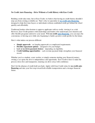 No Credit Auto Financing – Drive Without a Credit History with Ezee Credit