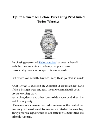 Tips to Remember Before Purchasing Pre-Owned Tudor Watches