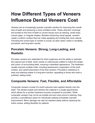 How Different Types of Veneers Influence Dental Veneers Cost