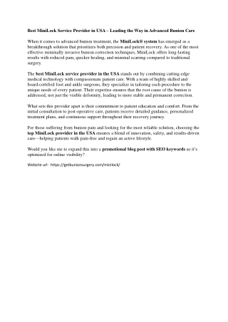 Best MiniLock Service Provider in USA – Leading the Way in Advanced Bunion Care