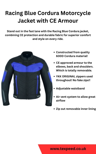 Racing Blue Cordura Motorcycle Jacket with CE Armour | Texpeed