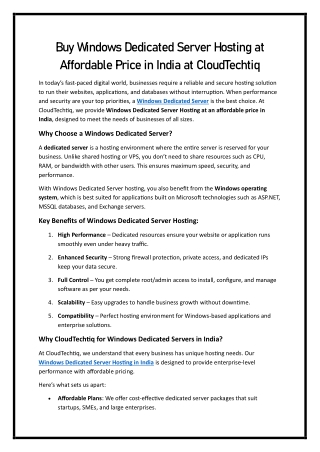 Buy Windows Dedicated Server Hosting at Affordable Price in India