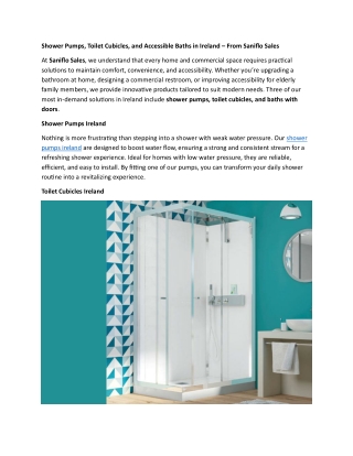 Shower Pumps, Toilet Cubicles, and Accessible Baths in Ireland From Saniflo Sales