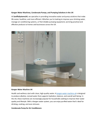 Kangen Water Machines, Condensate Pumps, and Pumping Solutions in the UK