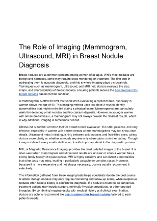 The Role of Imaging (Mammogram, Ultrasound, MRI) in Breast Nodule Diagnosis