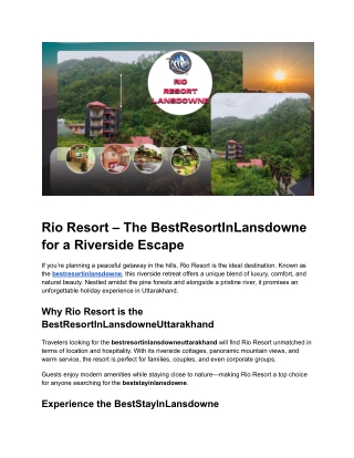 Rio Resort – The BestResortInLansdowne for a Riverside Escape