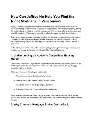 How Can Jeffrey Ho Help You Find the Right Mortgage in Vancouver