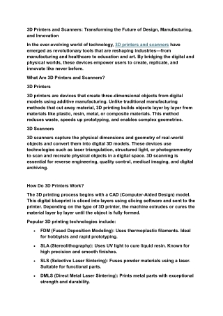 3D Printers and Scanners: Transforming the Future of Design, Manufacturing, and