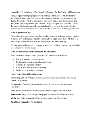 Generative AI Solutions – The Smart Technology for the Future of Businesses