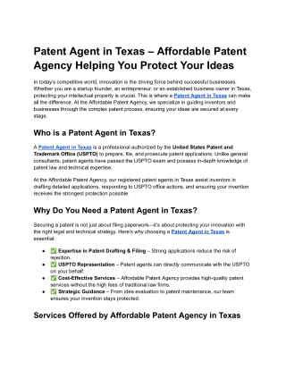Patent Agent in Texas – Affordable Patent Agency Helping You Protect Your Ideas