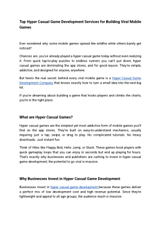 Top Hyper Casual Game Development Services for Building Viral Mobile Games