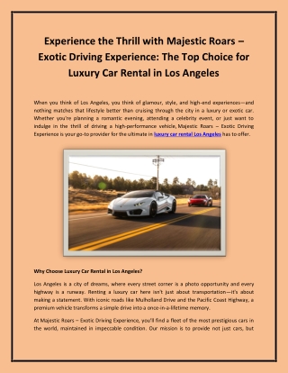 Experience the Thrill with Majestic Roars – Exotic Driving Experience: The Top C