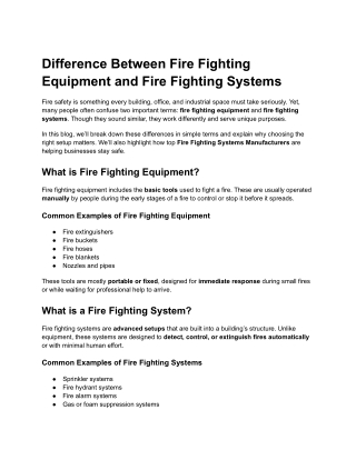 Difference Between Fire Fighting Equipment and Fire Fighting Systems