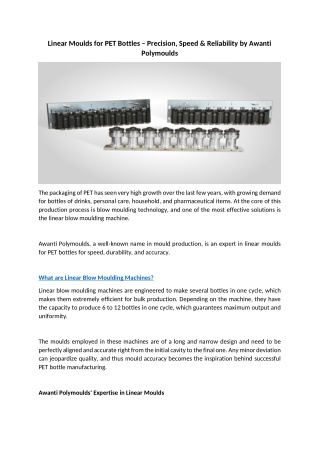 Linear Moulds for PET Bottles – Precision, Speed & Reliability by Awanti Polymoulds