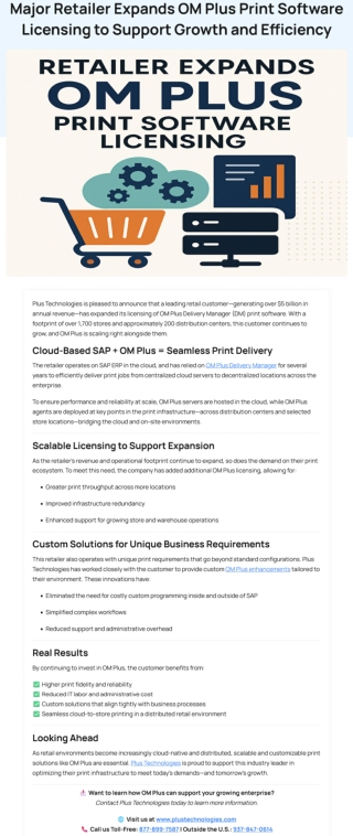 Major Retailer Expands OM Plus Print Software Licensing to Support Growth and Efficiency