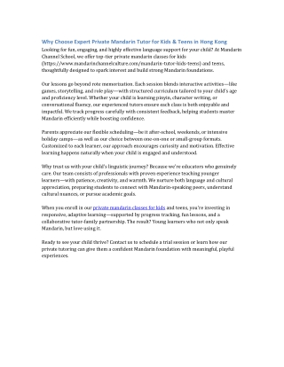 Private Mandarin Classes for Kids & Teens in Hong Kong | Expert Tutors