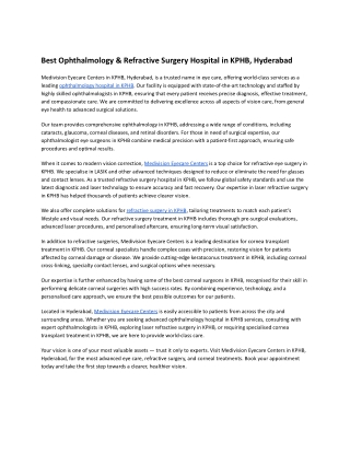 Best Ophthalmology & Refractive Surgery Hospital in KPHB, Hyderabad