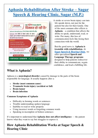 Aphasia Rehabilitation After Stroke – Sagar Speech & Hearing Clinic, Sagar (M.P.)