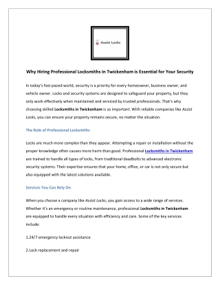 Why Hiring Professional Locksmiths in Twickenham is Essential for Your Security