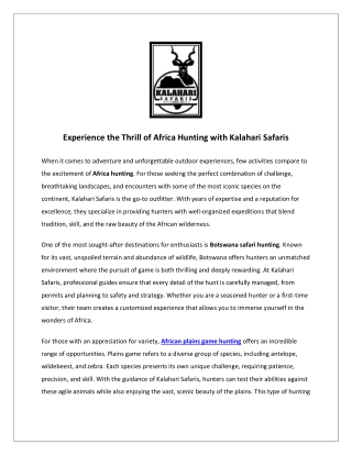 Experience the Thrill of Africa Hunting with Kalahari Safaris