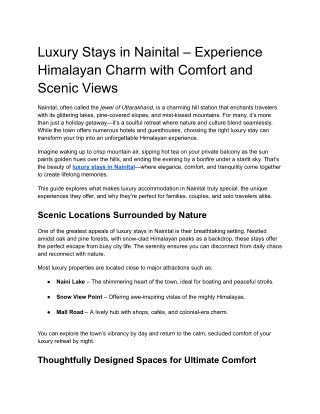 Luxury Stays in Nainital – Experience Himalayan Charm with Comfort and Scenic Views