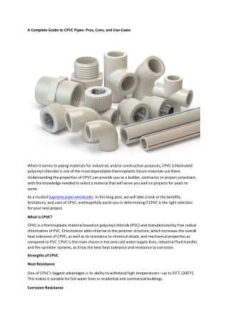 Supreme Pipes Wholesaler’s Guide to CPVC: Uses & Benefits