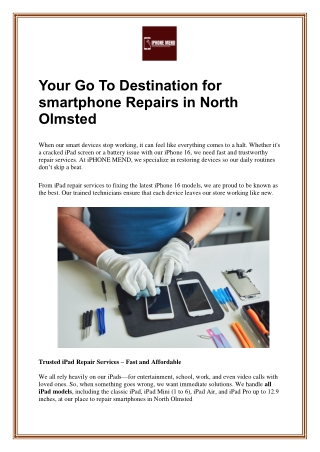 Your Go To Destination for smartphone Repairs in North Olmsted