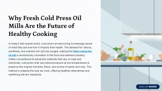 Why Fresh Cold Press Oil Mills Are the Future of Healthy Cooking