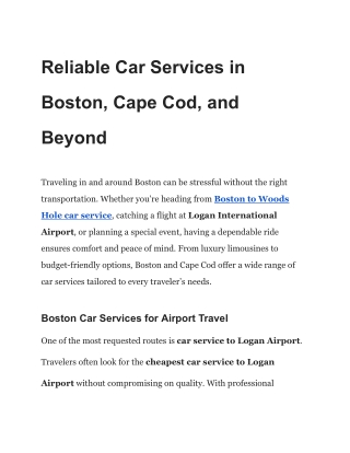 Reliable Car Services in Boston, Cape Cod, and Beyond