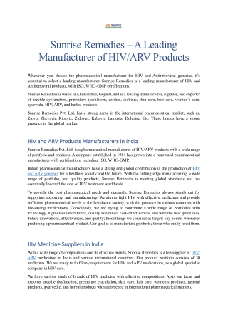 Sunrise Remedies A Leading Manufacturer of HIV ARV Products