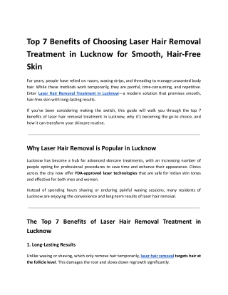 Top 7 Benefits of Choosing Laser Hair Removal Treatment in Lucknow for Smooth, Hair-Free Skin