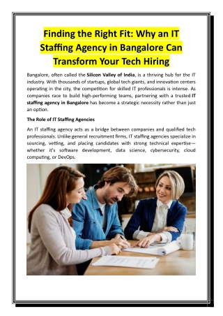 Finding the Right Fit - Why an IT Staffing Agency in Bangalore Can Transform Your Tech Hiring