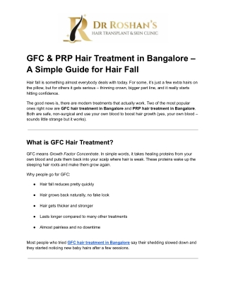 GFC & PRP Hair Treatment in Bangalore – A Simple Guide for Hair Fall