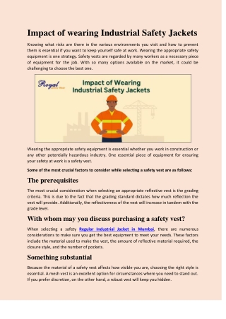 Impact of wearing Industrial Safety Jackets - Reflective Vests India