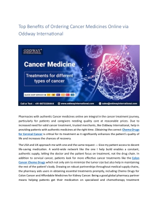 Top Benefits of Ordering Cancer Medicines Online via Oddway International