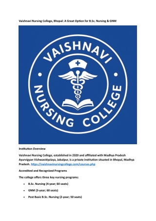 Vaishnavi Nursing College, Bhopal A Great Option for B.Sc. Nursing & GNM (1)
