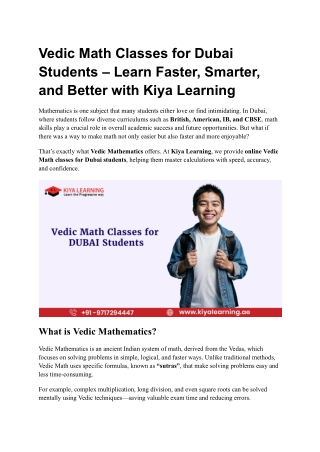Vedic Math Classes for Dubai Students – Learn Faster, Smarter, and Better with Kiya Learning