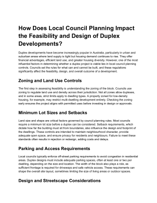 How Does Local Council Planning Impact the Feasibility and Design of Duplex Developments